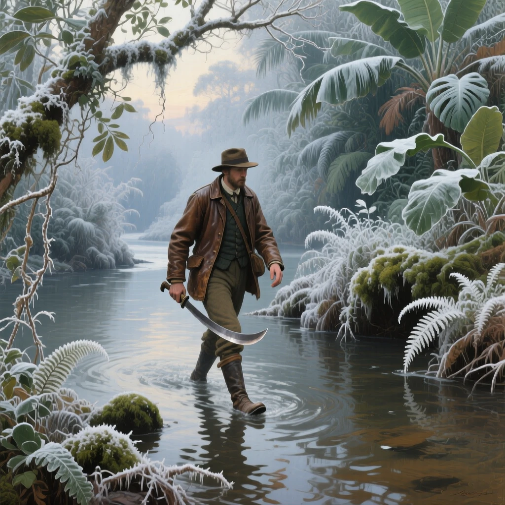 A grand panoramic scene of an explorer wading through a dense jungle river with a machete in hand, in the French countryside, beneath fresh fallen frost.