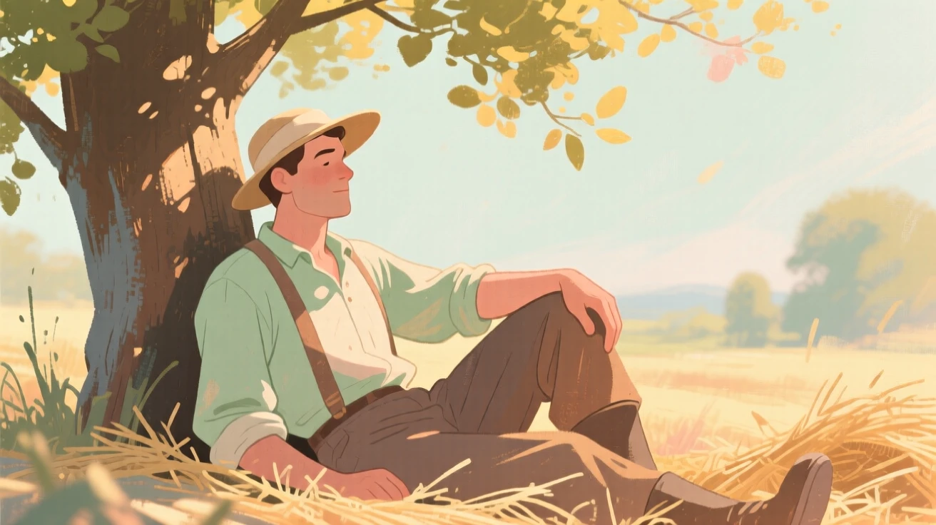 A farmer resting beneath a shade tree during the midday harvest