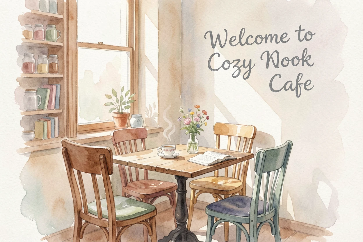 A cozy cafe corner with mismatched chairs.
