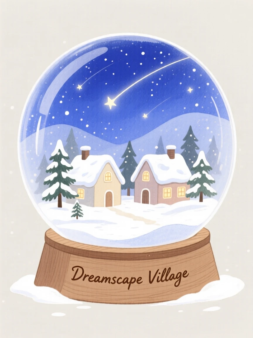 A dreamlike scene of a snow globe village, beneath a sky filled with shooting stars, inviting quiet wonder and imagination