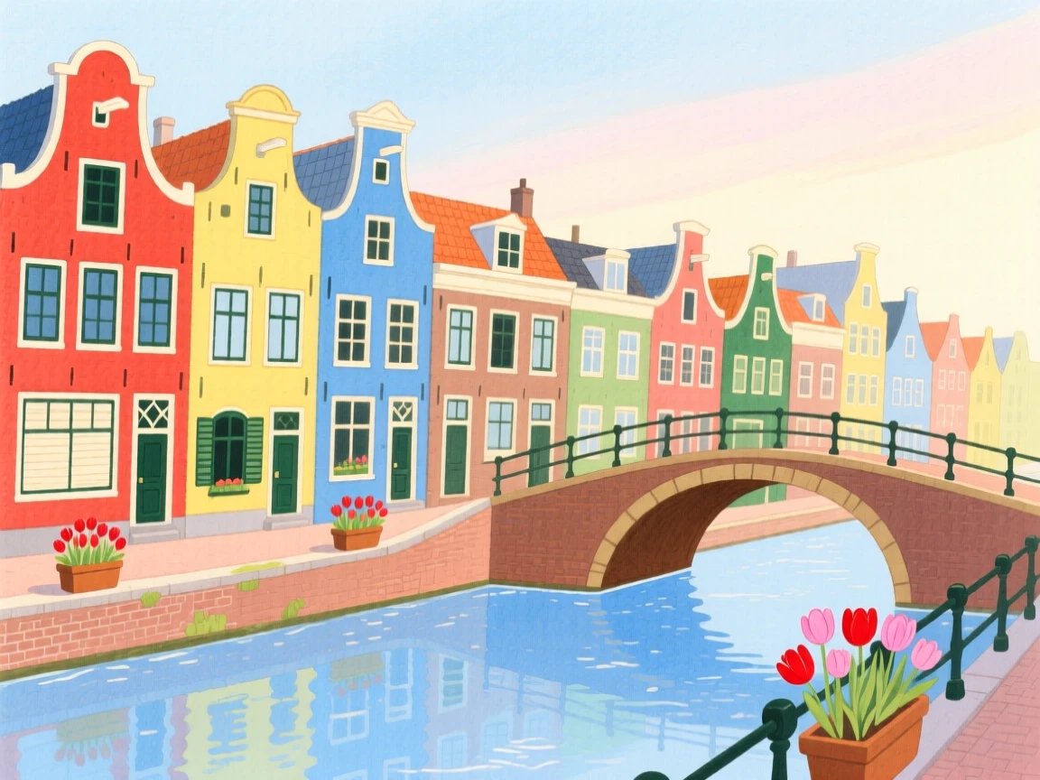 A memorable scene of a colorful row of houses along an Amsterdam canal.