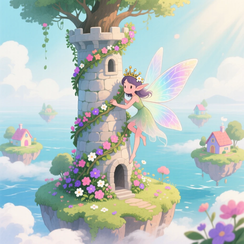 A forest sprite climbing a spiral tower wrapped in blooming vines, in a floating island kingdom above the clouds, brimming with enchantment and discovery.