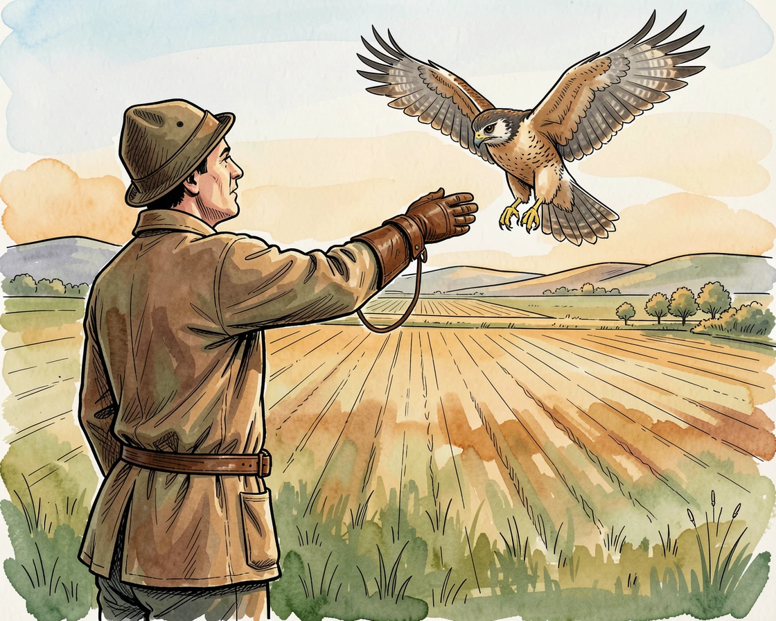 A falconer releasing a hawk into flight over open farmland, warm natural light illuminating the workspace.