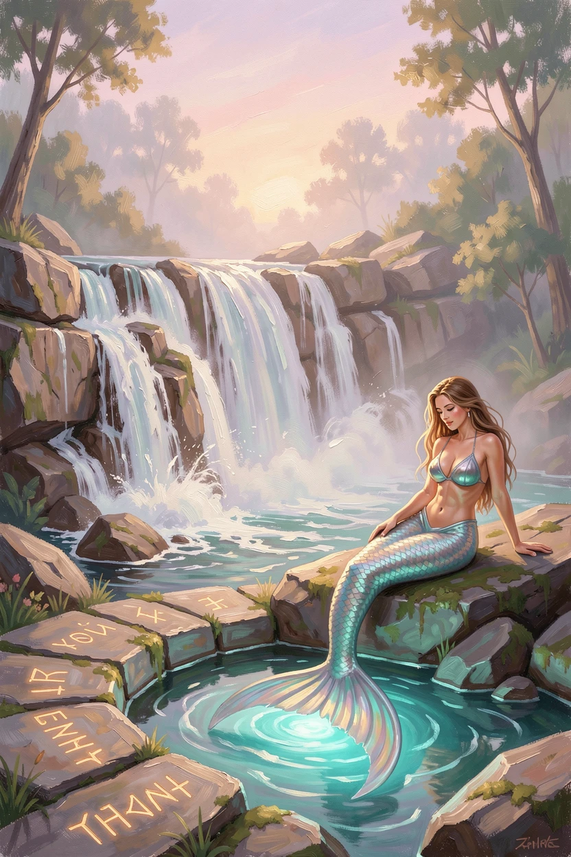 Beside a waterfall that seems to glow from within, a mermaid resting on a rock beside a glowing tide pool, ancient runes glowing faintly along stone pathways, during a soft, glowing dawn.