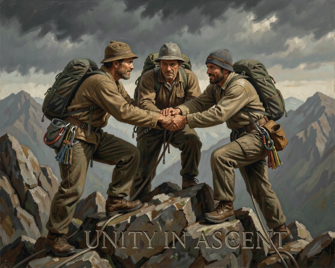 A team of climbers helping one another up the final stretch of a summit, with hands clasped tightly, conveying connection and support, radiating hope, gratitude, and heartfelt connection