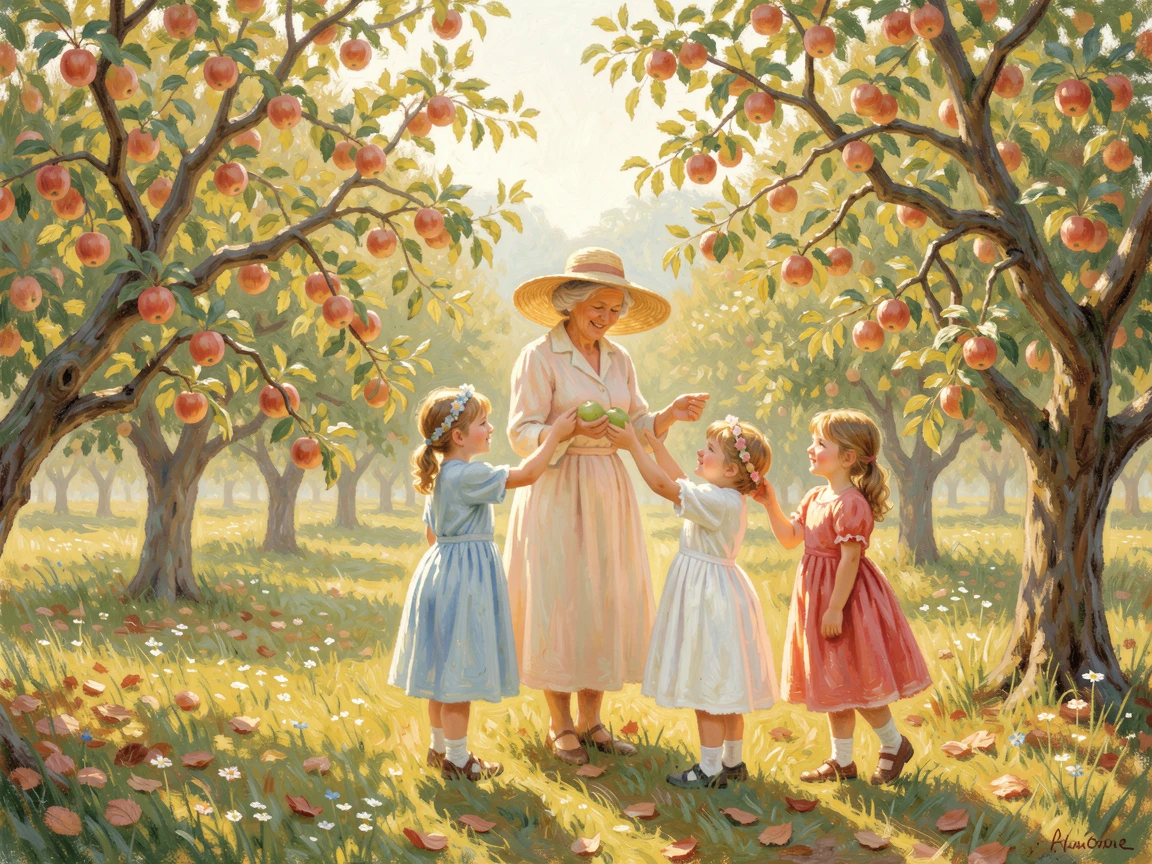A grandmother and her grandchildren picking apples together in a sunlit orchard, radiating joy and gentle celebration.