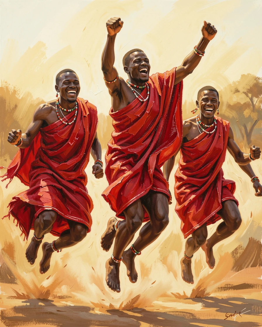 A traditional Kenyan Maasai celebration shows warriors performing a jumping dance in vivid red shukas beneath the African sun, warm ambient light illuminating faces filled with joy and communal spirit.