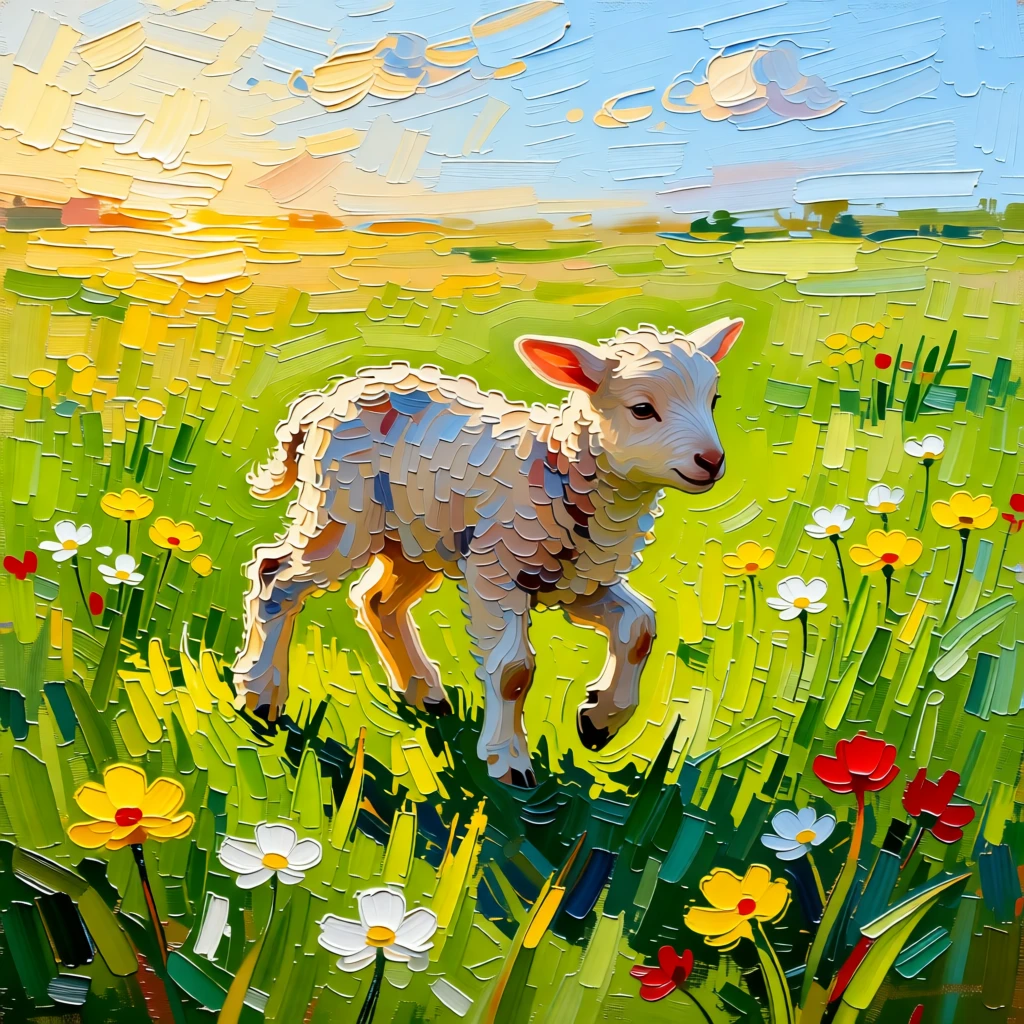 A newborn lamb taking its first steps in a field bursting with fresh green grass