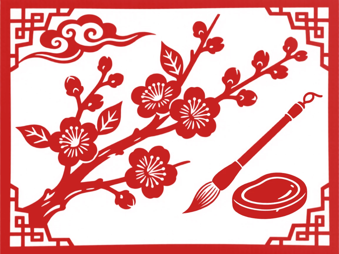 A branch of plum blossoms framed against a pale morning sky, beside a scholar's brush and inkstone.