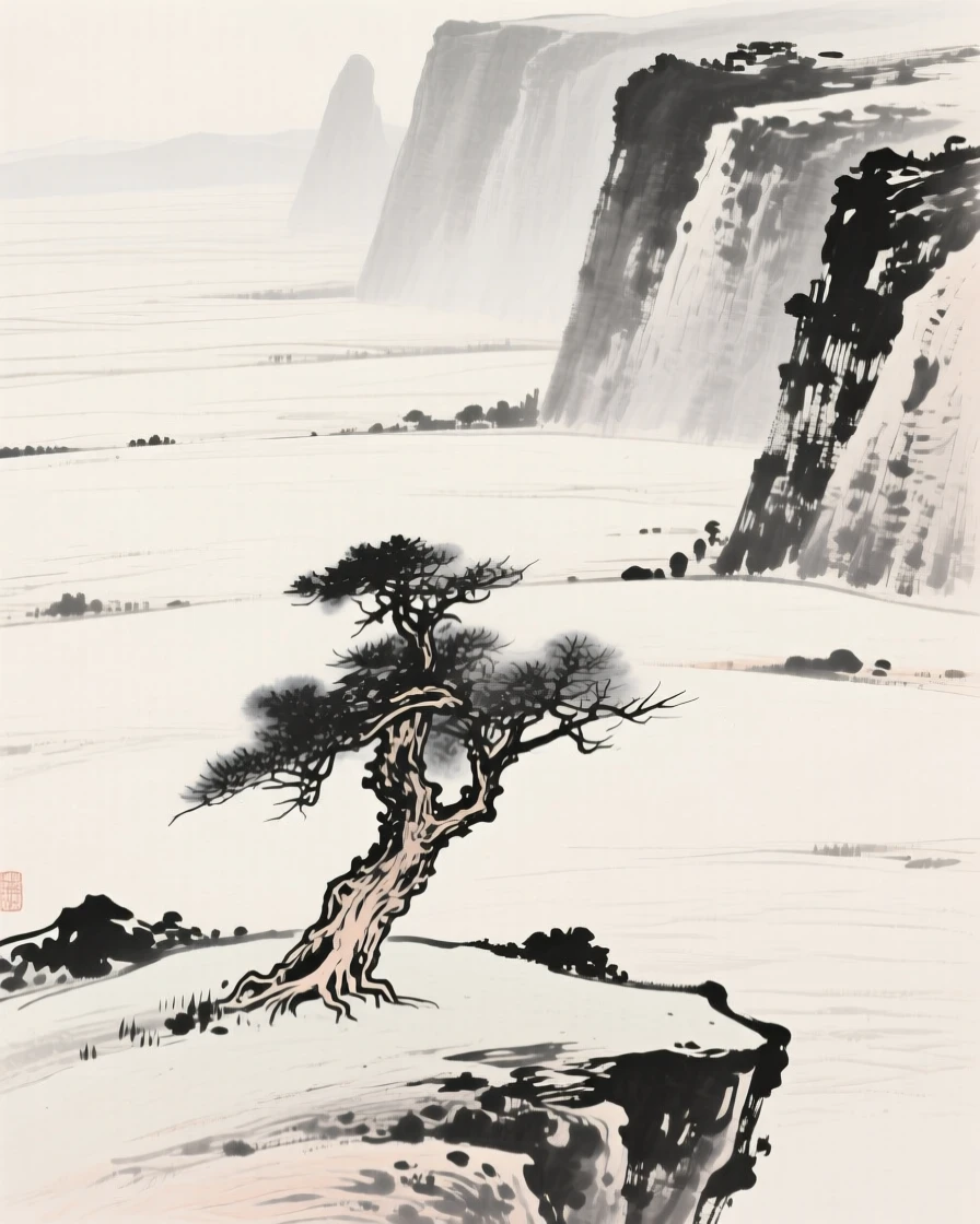 A vast open plain with a single ancient tree standing alone beneath towering rock walls softened by haze, viewed from a high vantage point looking down across the whole scene, capturing a fleeting, serene moment suspended in time.