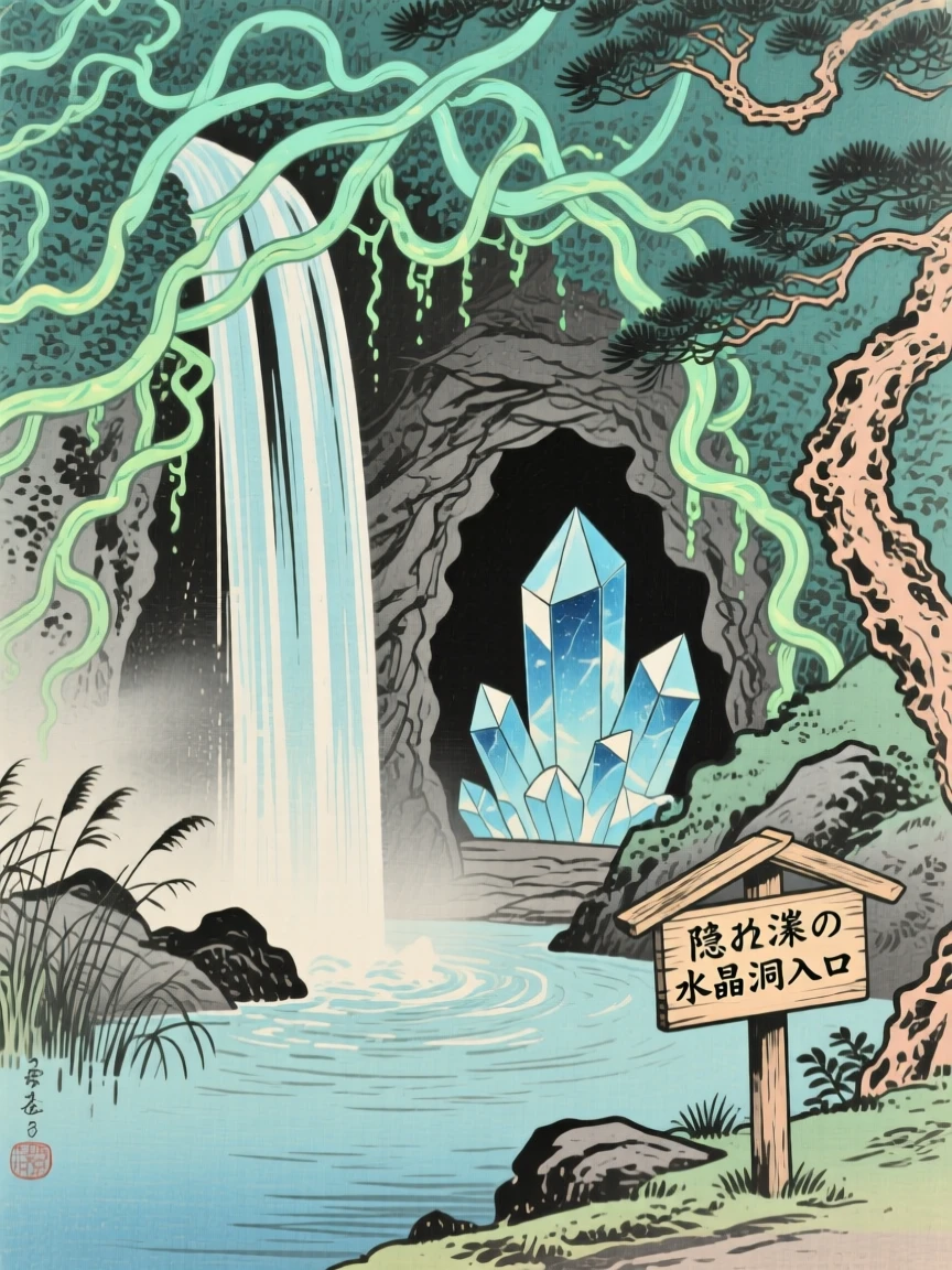 A hidden waterfall entrance to a crystal grotto, beneath a canopy of luminous vines.
