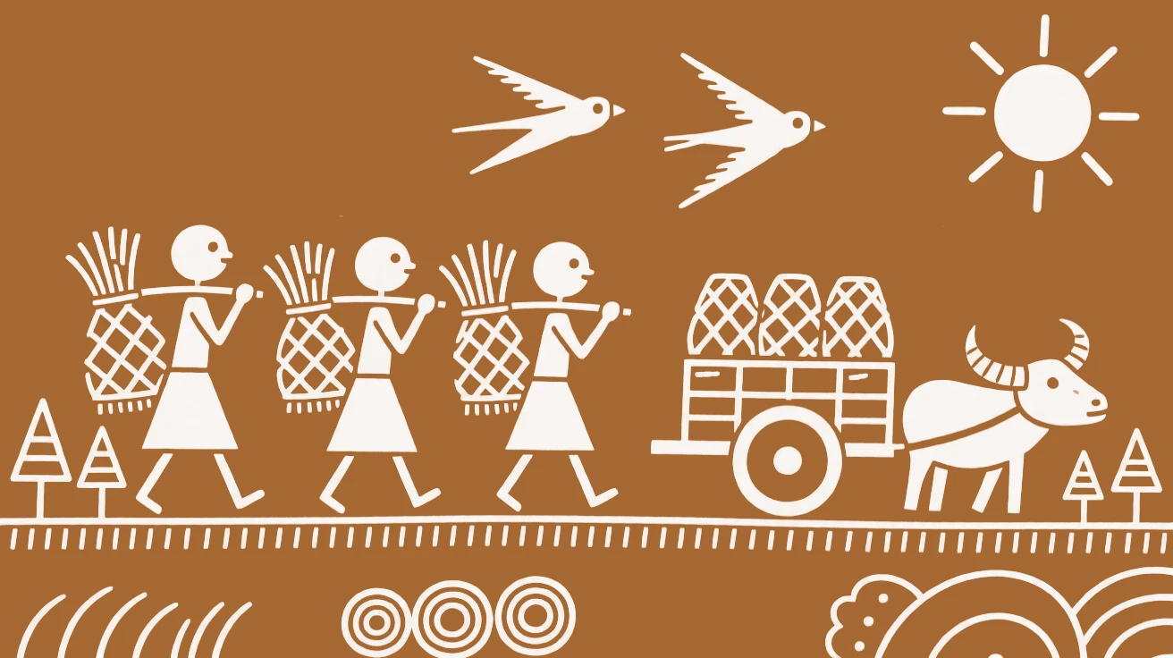 A farming family carrying bundles of freshly cut crops home.
