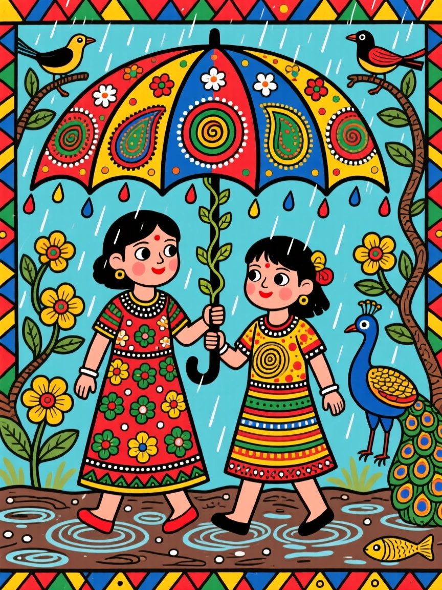 Siblings sharing an umbrella while walking home through gentle rain.