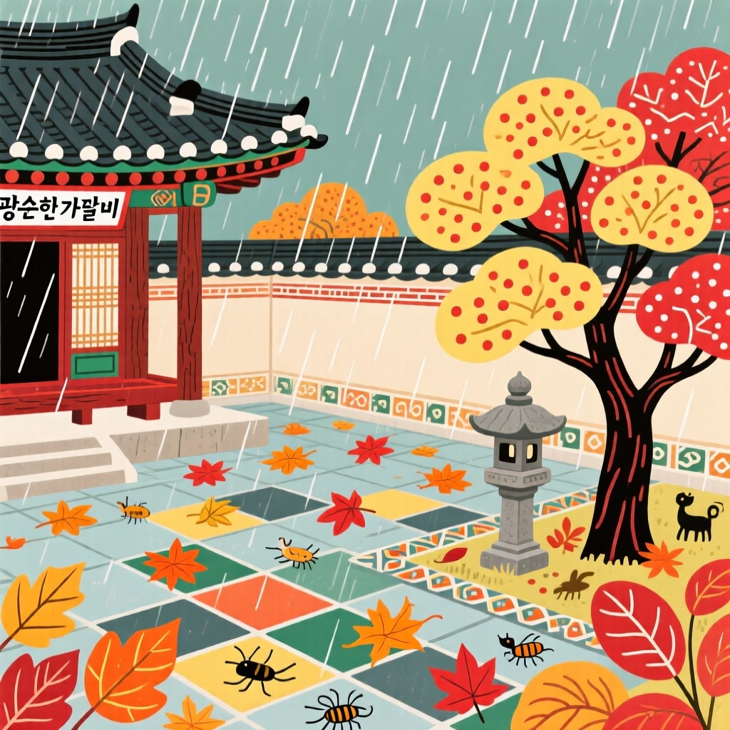 A view of a temple courtyard in a gentle autumn rain.