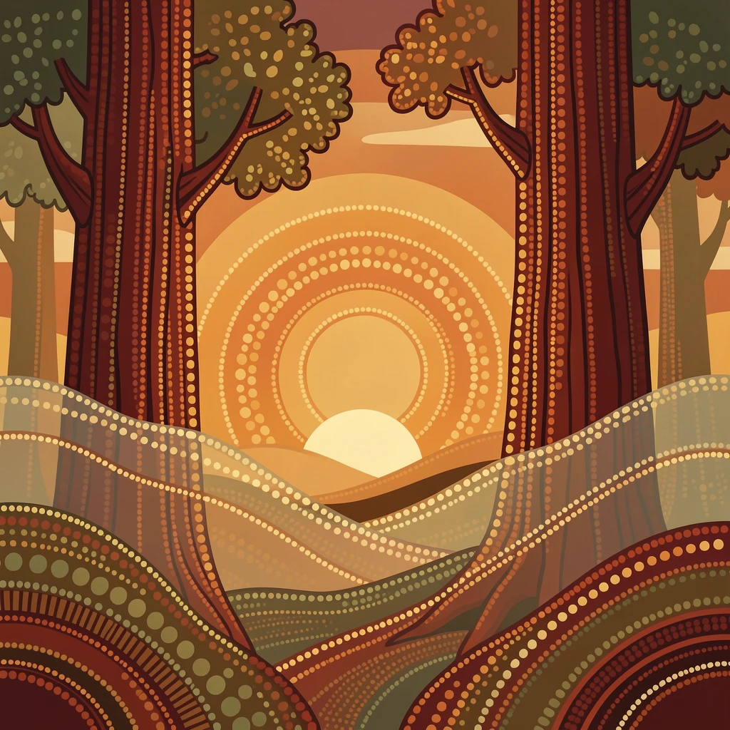 An ancient redwood forest glowing at sunrise