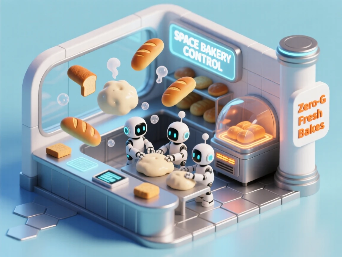 A space colony bakery with robots kneading dough in zero gravity, bread floating gently as it bakes.