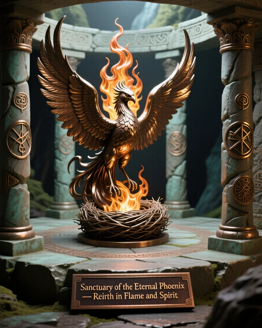 A hidden sanctuary where phoenixes are reborn, capturing a powerful sense of mystery and magic, transporting the viewer to another world