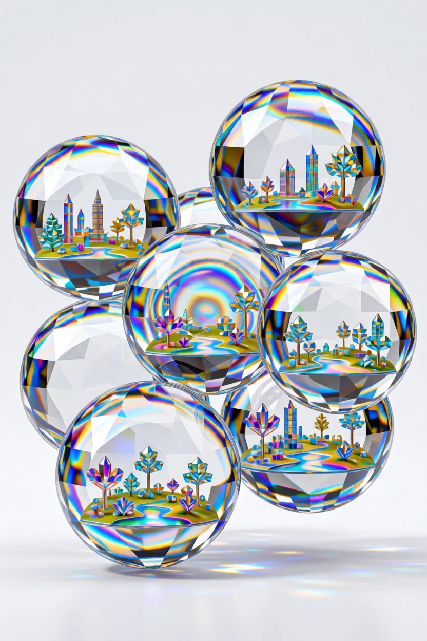 An abstract composition of interconnected soap bubbles reflecting a miniature world inside each.