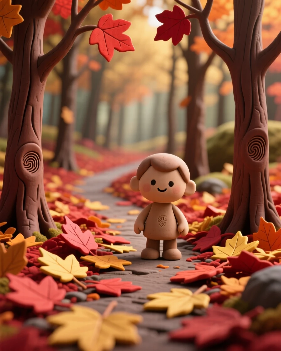 An autumn forest path carpeted in red and gold fallen leaves