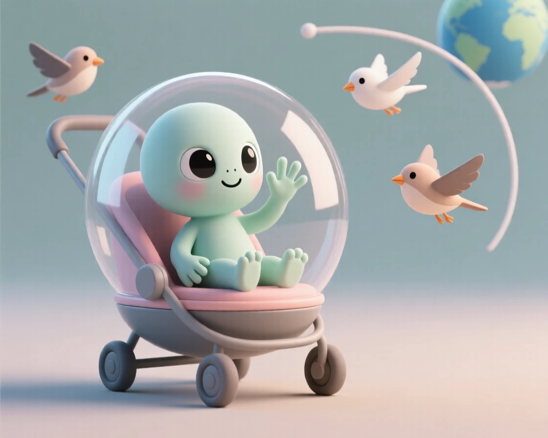 A curious baby alien floats gently in a bubble-shaped stroller, waving at passing Earth birds.