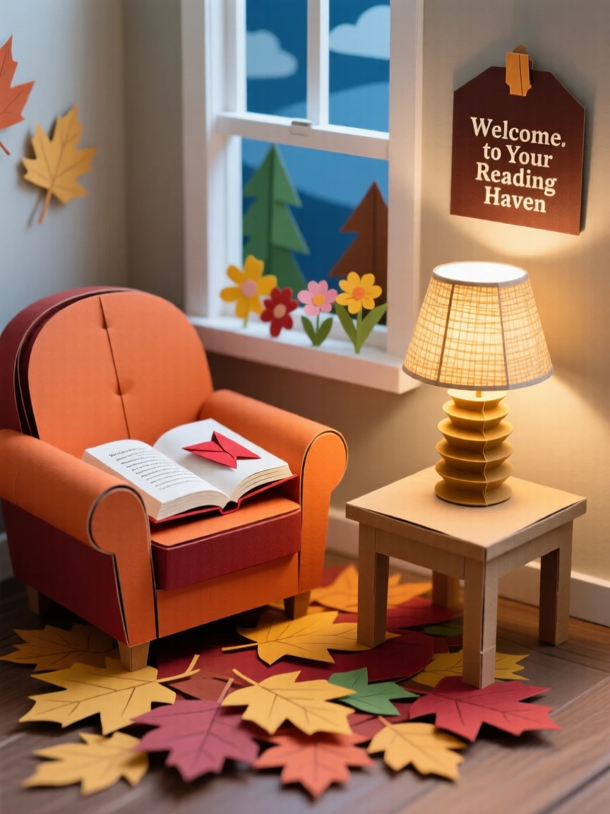 A cozy autumn evening reading corner bathed in soft morning light, with fresh flowers adding a touch of color, evoking peaceful simplicity and comfort.