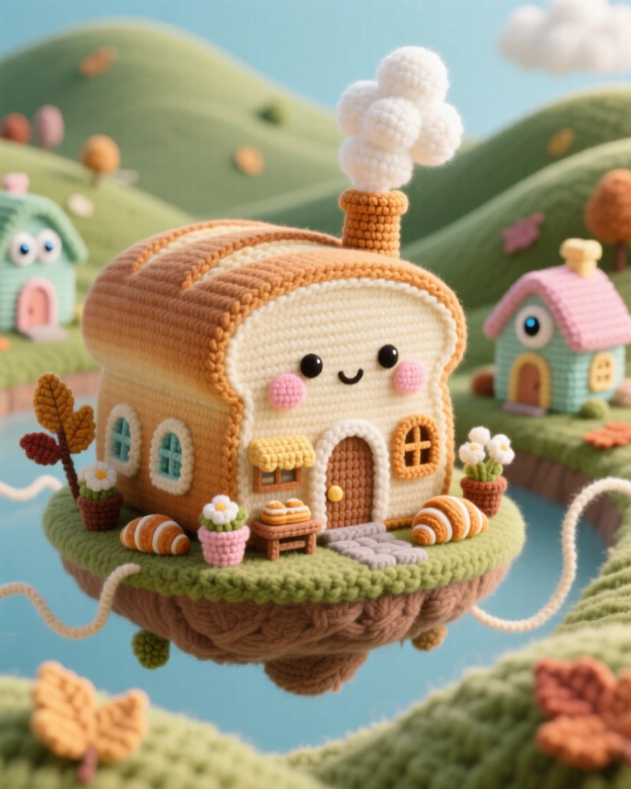 a tiny bakery built inside a giant loaf of bread, with a steam-puffing chimney, nestled at the edge of a quiet village, floating gently above a quiet valley, with a soft breeze carrying tiny leaves, evoking quiet delight in an impossible little world.