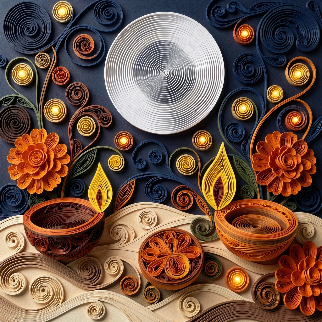 a Diwali display of glowing oil lamps and marigolds, on a moonlit beach during a warm summer evening, arranged with warm twinkling lights scattered throughout, in warm autumn tones of orange, rust, and brown.