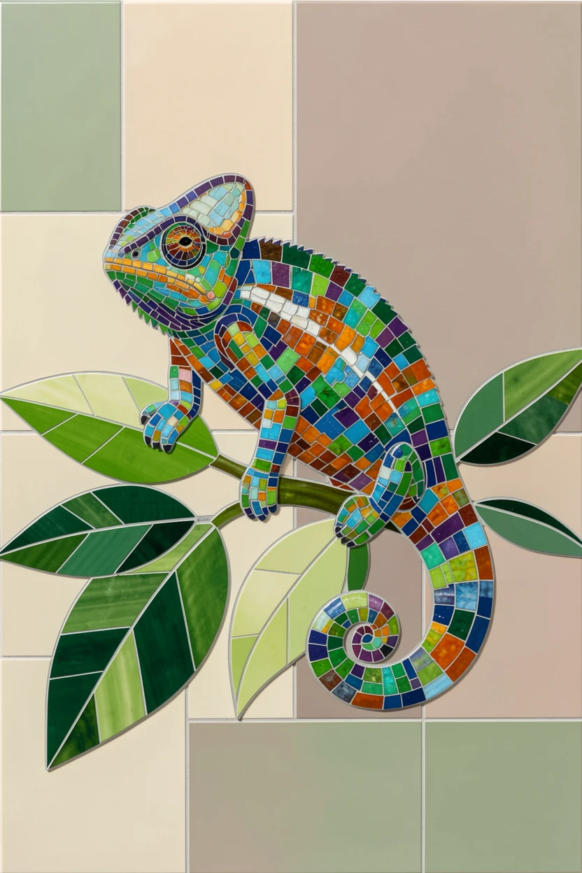 A colorful chameleon perched on a leafy green branch, captured in soft natural light with a shallow depth of field.