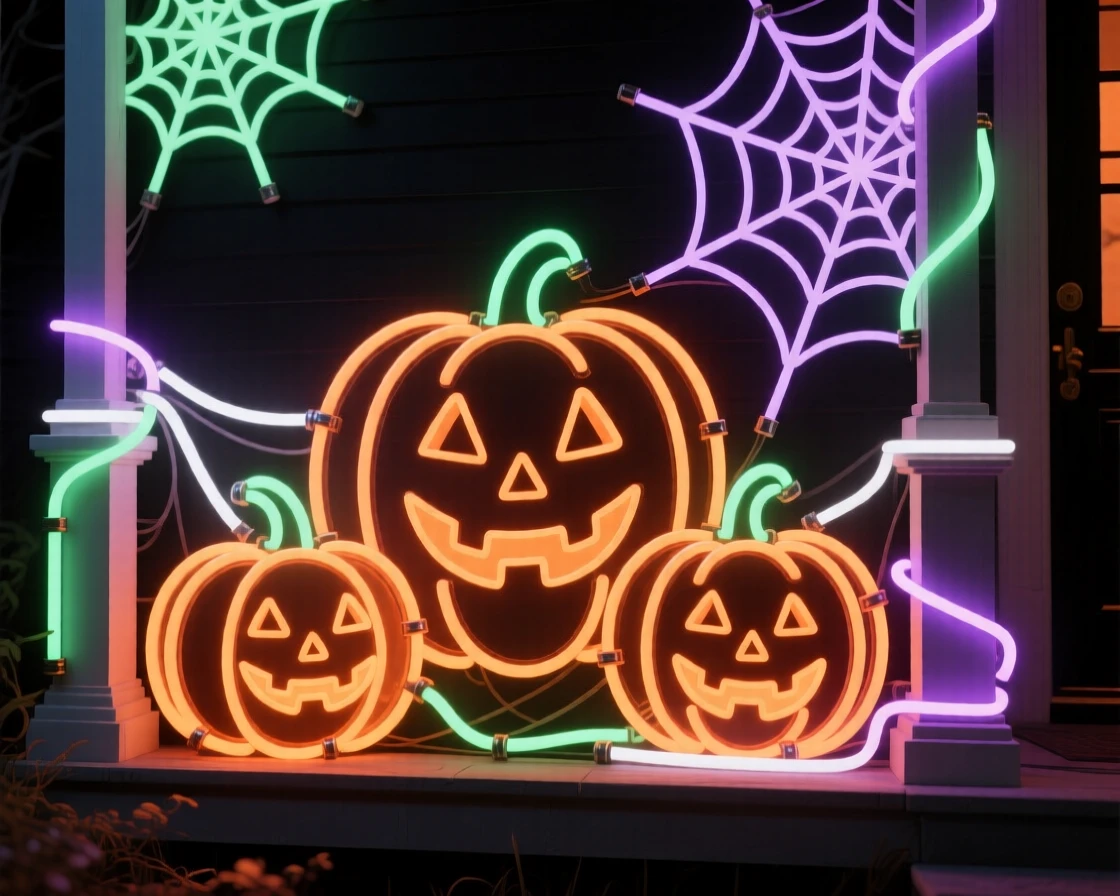 A Halloween porch decorated with carved pumpkins and cobwebs.
