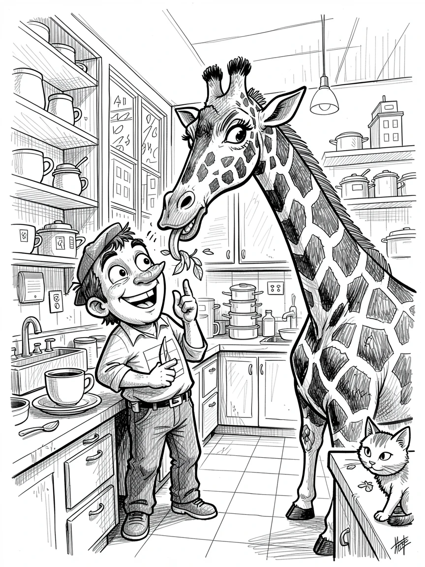 A zookeeper feeding a giraffe in a bustling downtown kitchen.