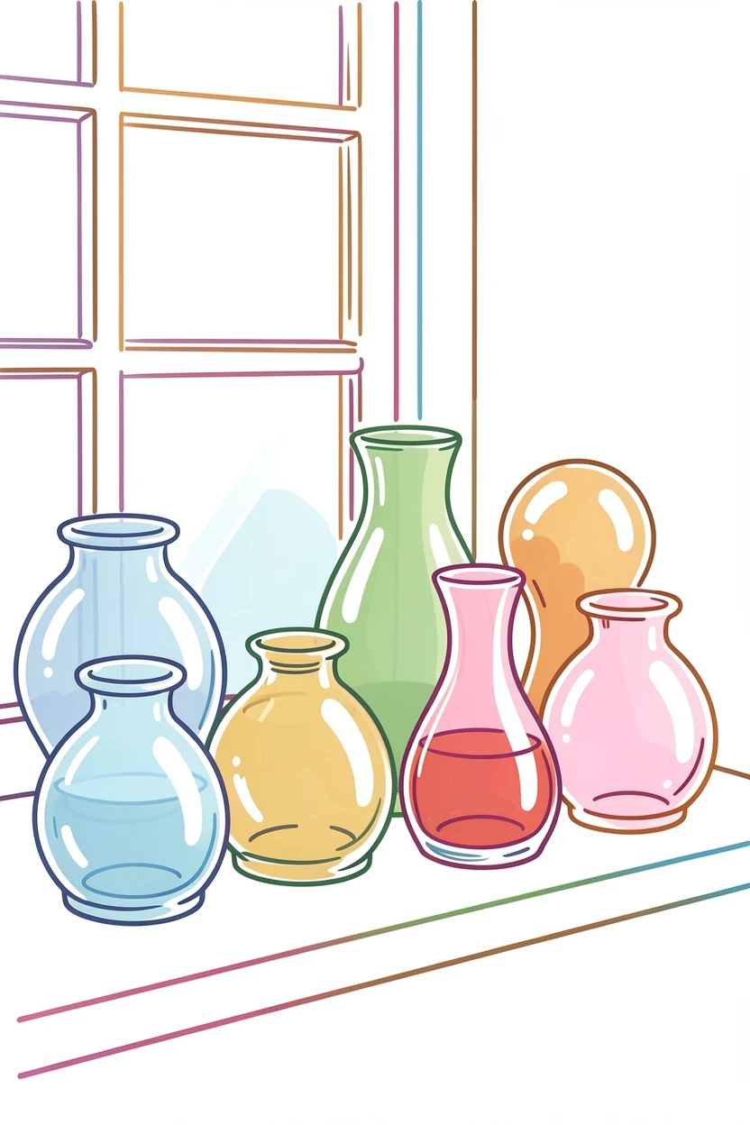 A display of colorful glass paperweights catching light on a windowsill.