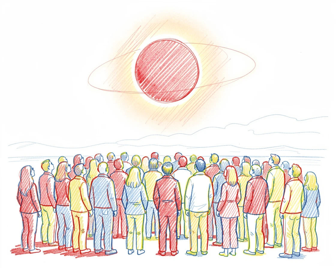 A solar eclipse casting an eerie glow across a gathered crowd