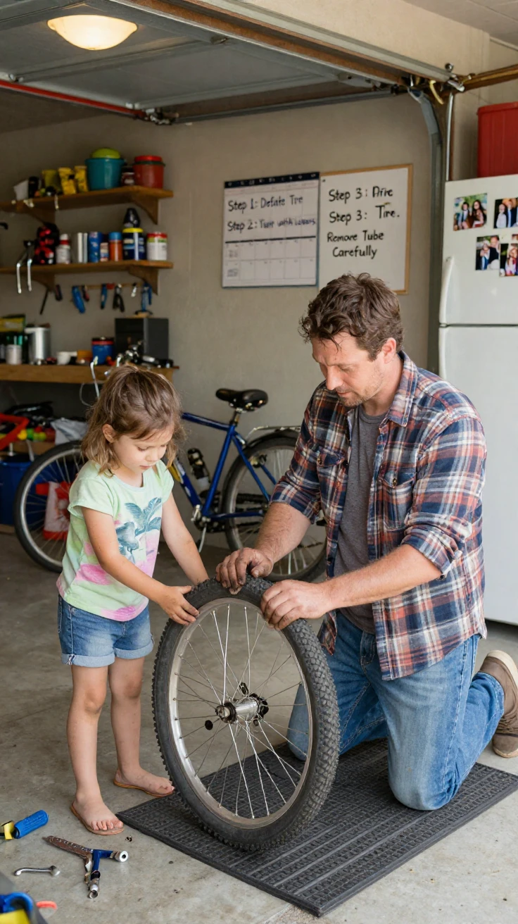A father teaches his daughter to change a bicycle tire in the garage.