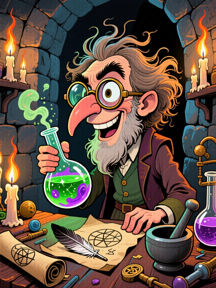 A medieval alchemist mixing mysterious potions in a candlelit stone tower.