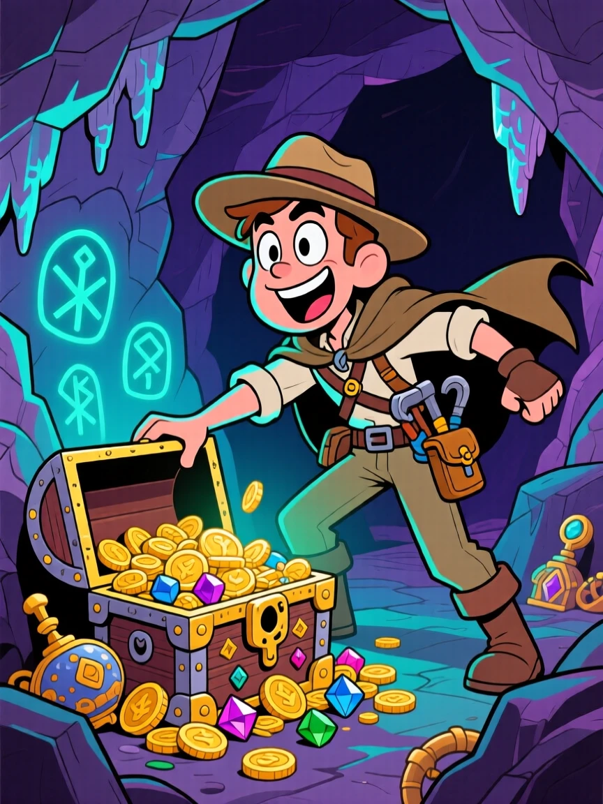 An imaginative fantasy scene of a fearless treasure hunter discovering a hidden treasure chest deep within an ancient cave, as ancient runes glow softly nearby.