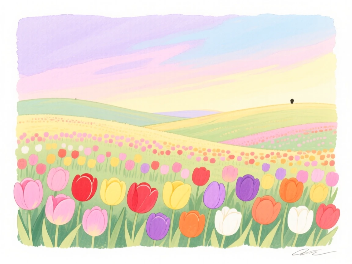 A serene landscape of a field of tulips in every color under a bright sky under a pastel dawn sky