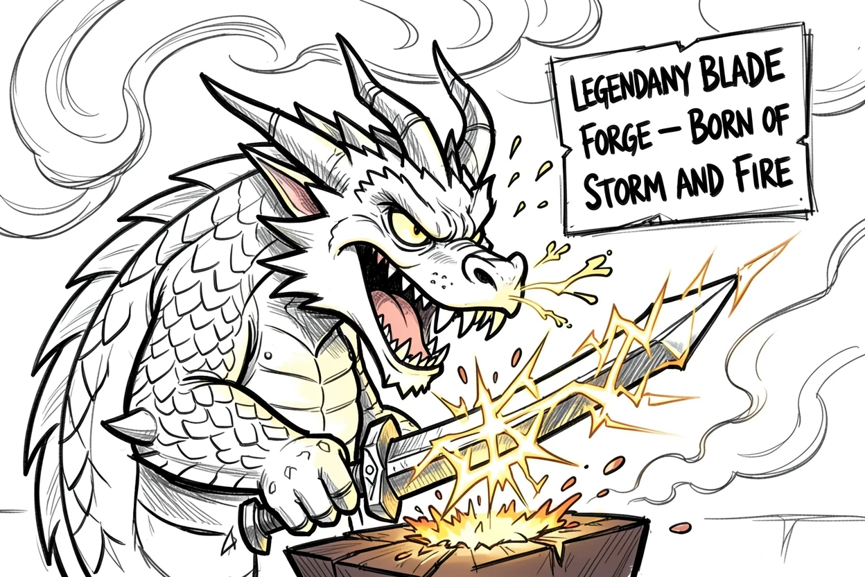 [Fantasy & Imaginative Scenarios] Imaginative fantasy scene of a valiant storm dragon forging a legendary enchanted blade, brimming with wonder