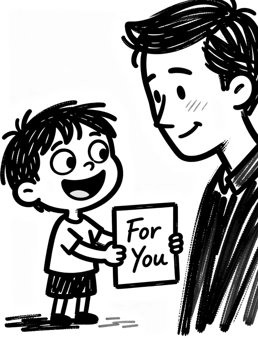 A child giving their parent a handmade card, beaming with pride at the crayon drawing.