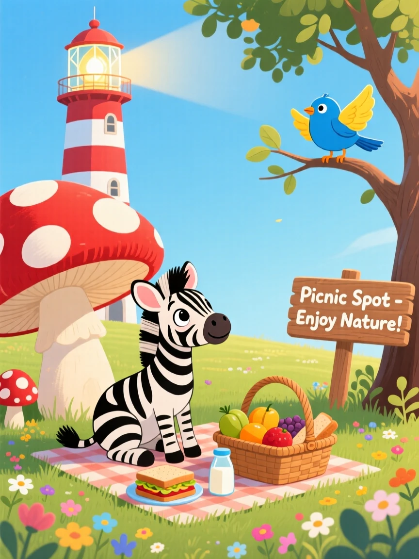 A stripy zebra foal pauses from having a picnic under a toadstool to look up in a striped lighthouse, while a curious bird watches from a branch.