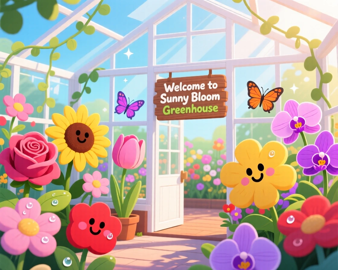 A greenhouse full of blooming flowers glowing in morning light.