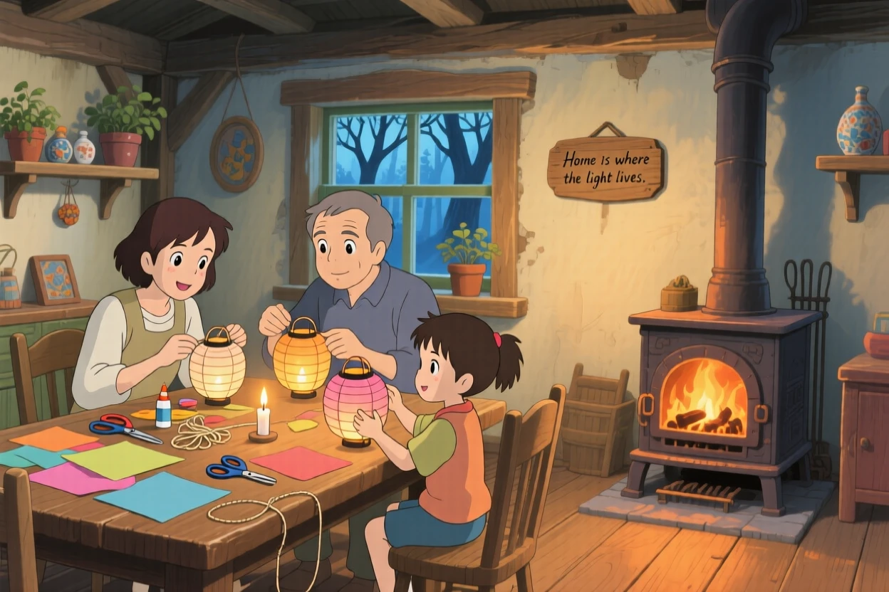 A family gathered around a table making paper lanterns, a woodstove crackling quietly in the corner, the whole scene feeling full of homely charm.