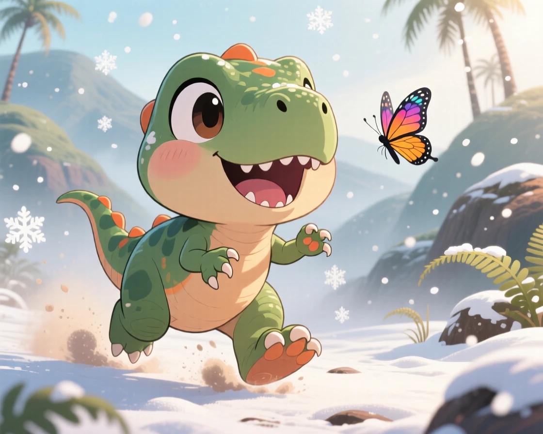 A friendly baby T-rex chasing a butterfly with tiny stomping steps, framed as an extreme close-up within a misty prehistoric valley, amid softly falling snow, glowing under bright midday sun, evoking gentle surprise.