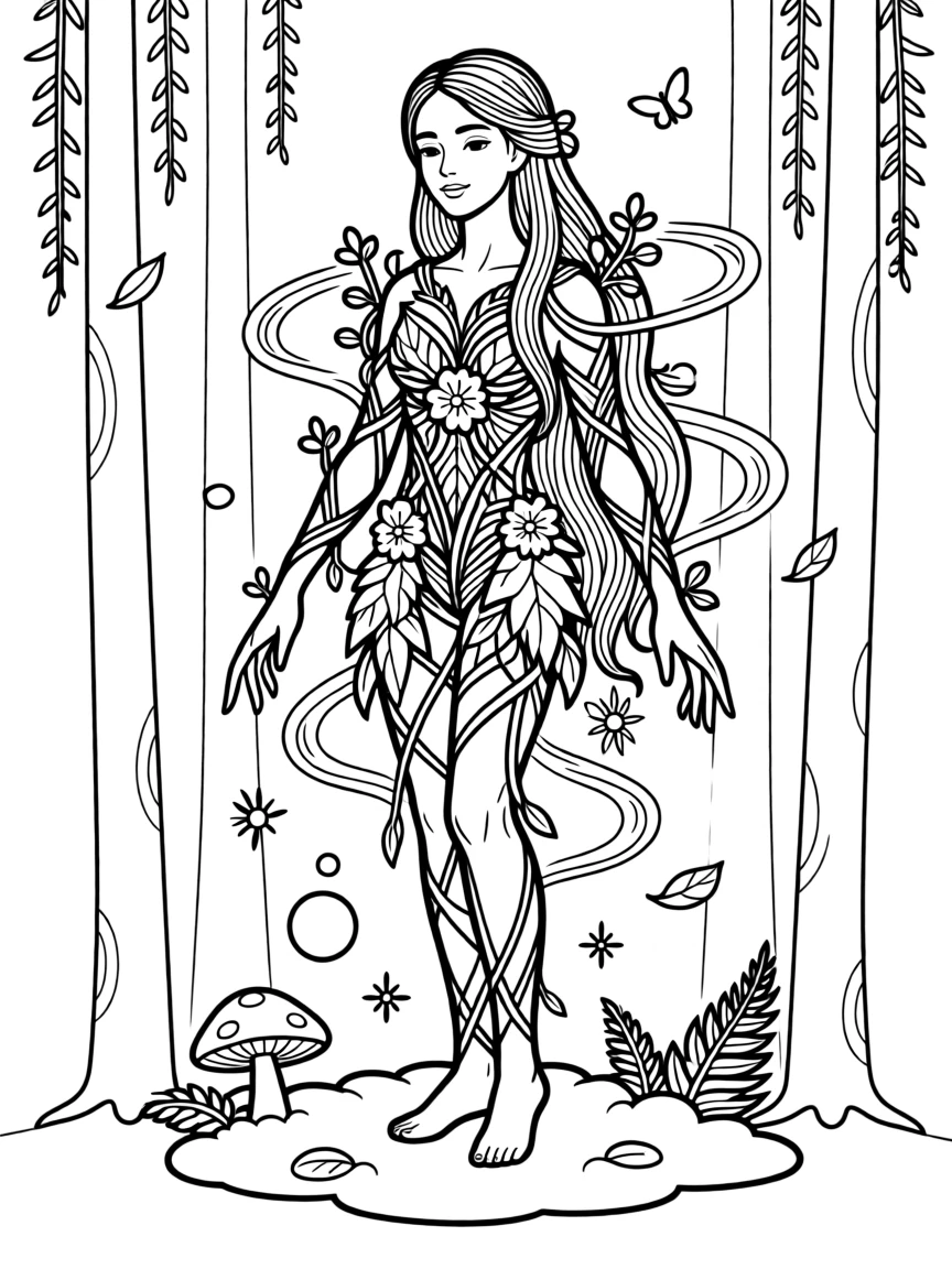 A forest spirit made of vines and glowing moss, with wisps of glowing spirit energy floating around.