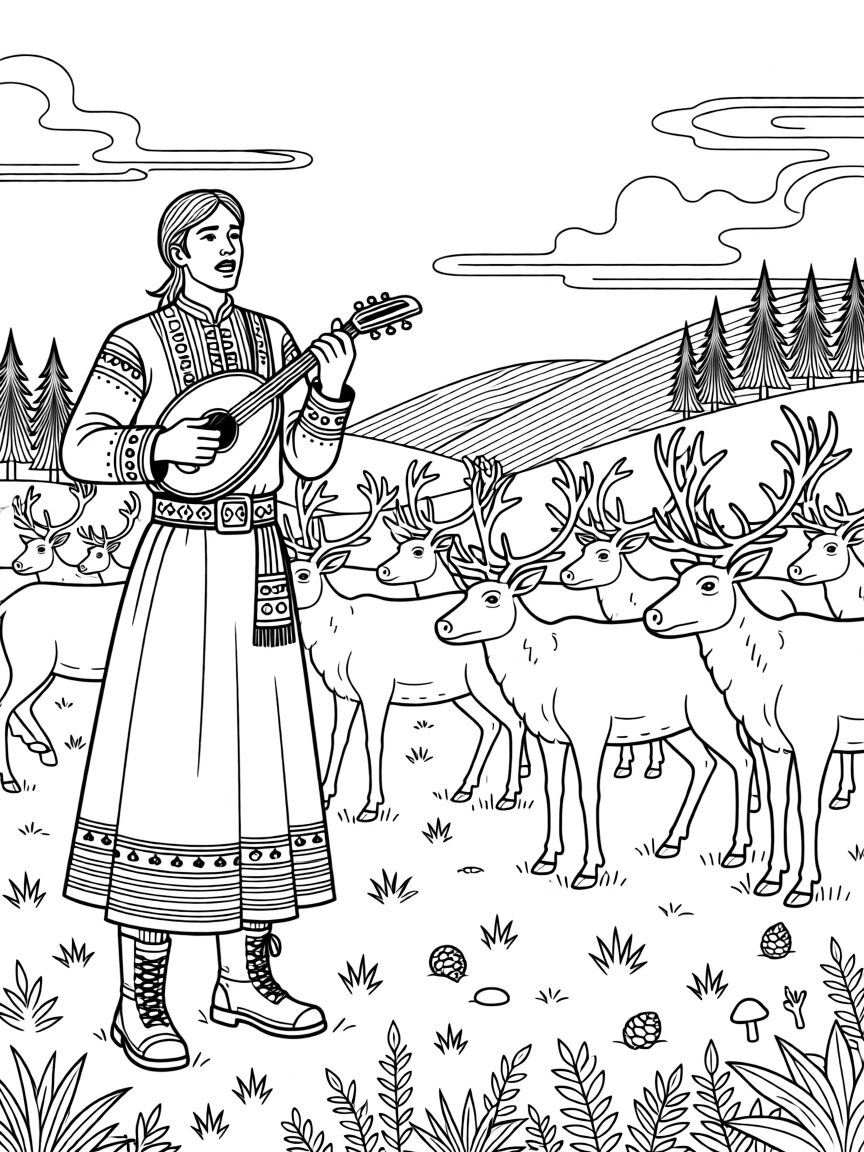 A traditional singer performing beside a reindeer herd.