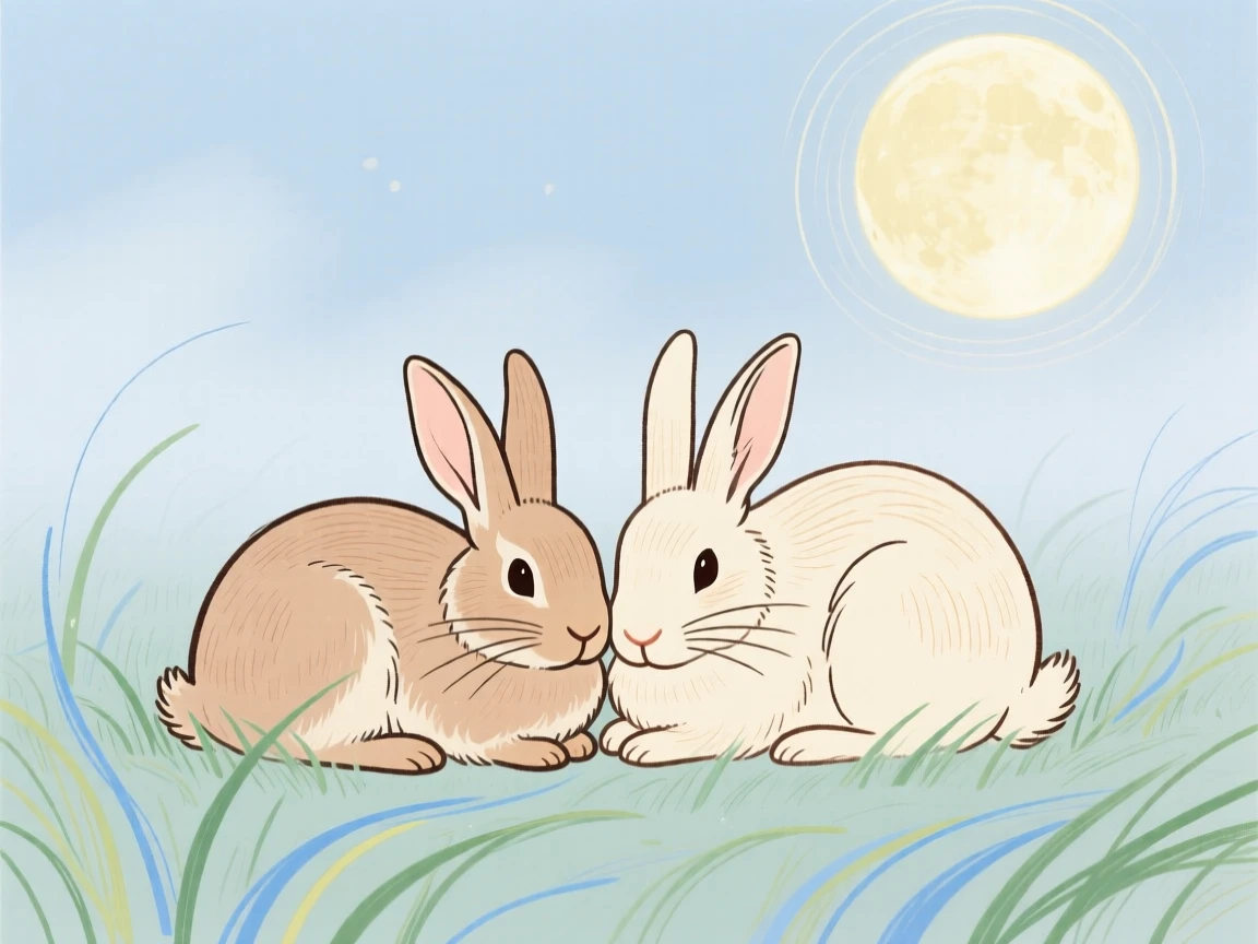 A pair of rabbits curled up together in a misty morning field under a full moon.