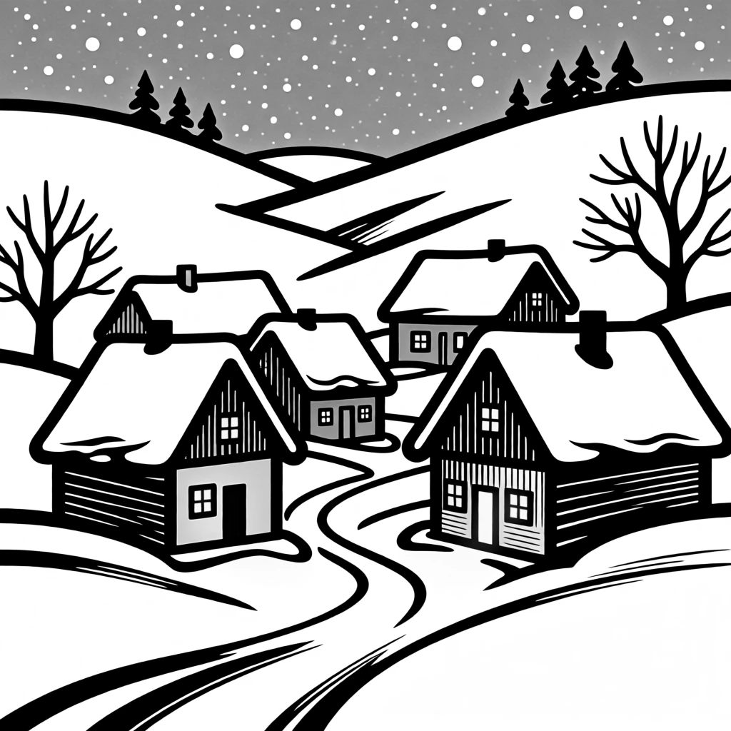 A snow-covered village with warmly lit windows during a winter evening.