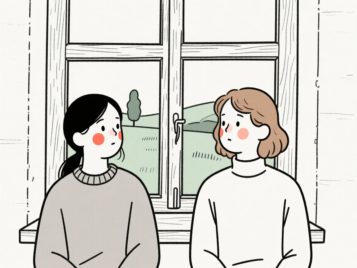 College roommates of Russian heritage, full of curious wonder, by a rustic farmhouse window.