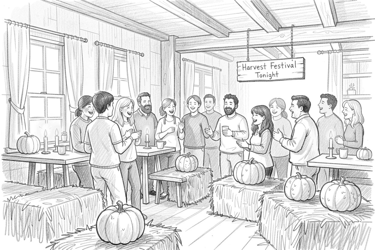A harvest festival with hay bales and pumpkins, in a cozy candlelit room, with laughter and joy filling the scene.