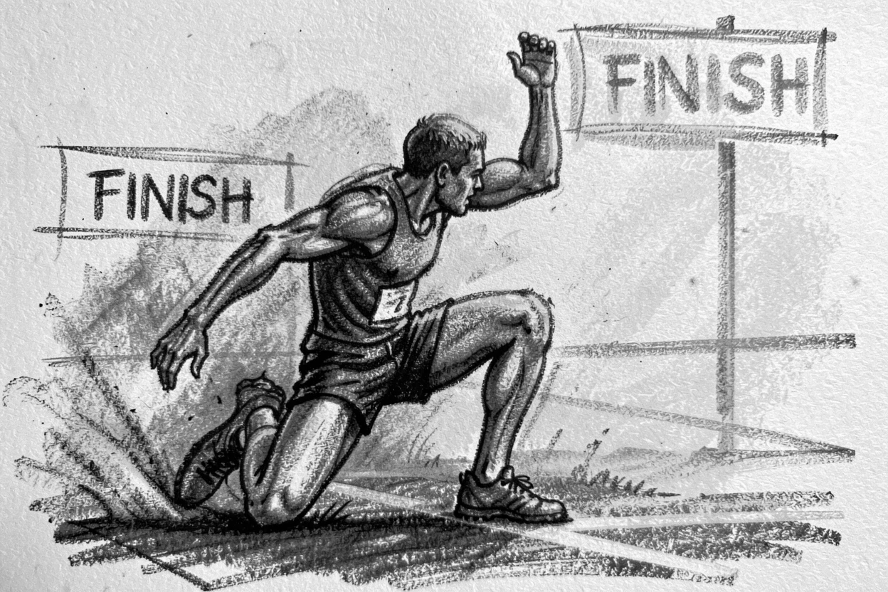 An athlete overcoming a fall to rise and finish the race, in the warm glow of early morning light.