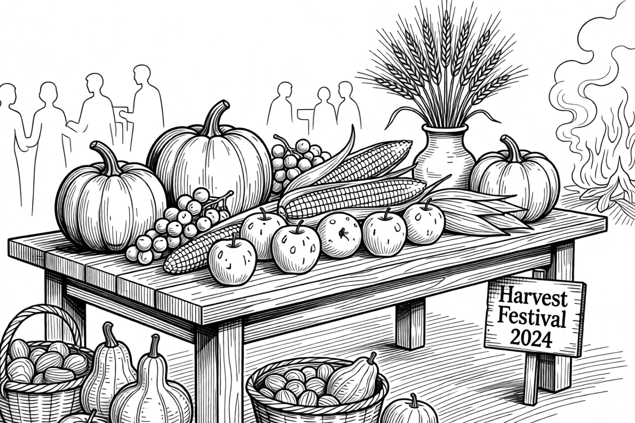 A festive harvest celebration with a table overflowing with autumn produce.